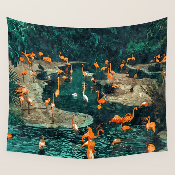 Flamingo Creek #Flamingo #Tropical #Illustration Wall Tapestry