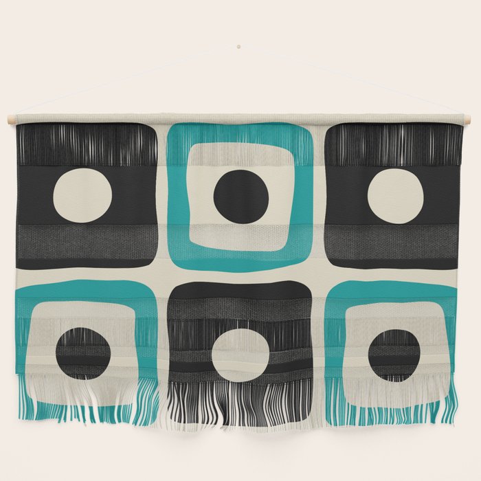 Mid Century Modern Square Dot Pattern 593 Black And Turquoise Wall Hanging