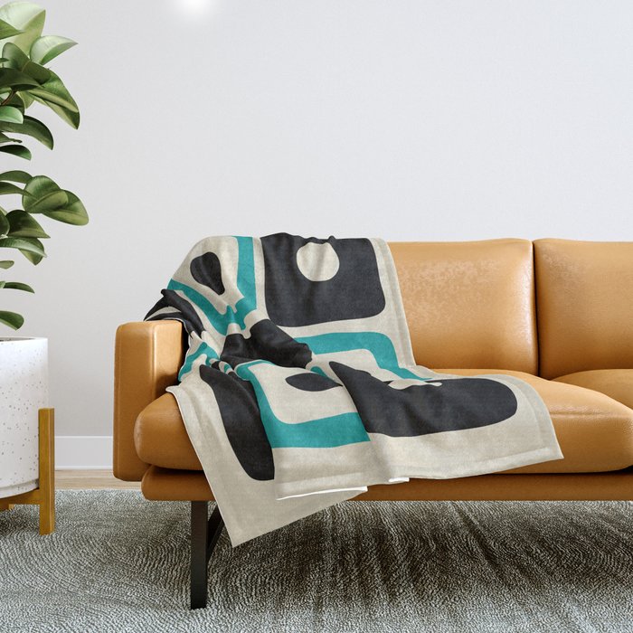 Mid Century Modern Square Dot Pattern 593 Black And Turquoise Throw Blanket