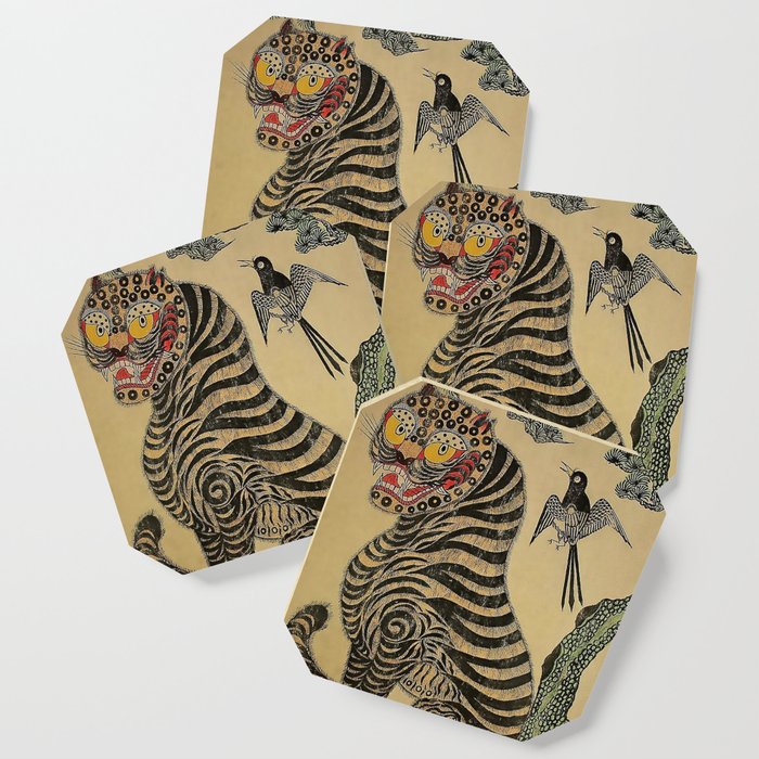 Striped Vintage Minhwa Tiger And Magpie Coaster