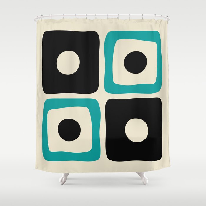 Mid Century Modern Square Dot Pattern 593 Black And Turquoise Shower Curtain