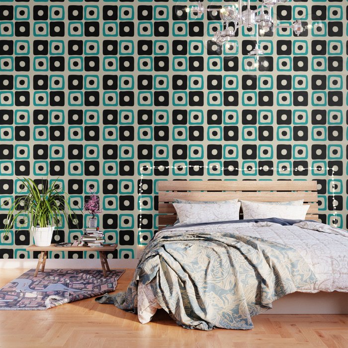 Mid Century Modern Square Dot Pattern 593 Black And Turquoise Wallpaper