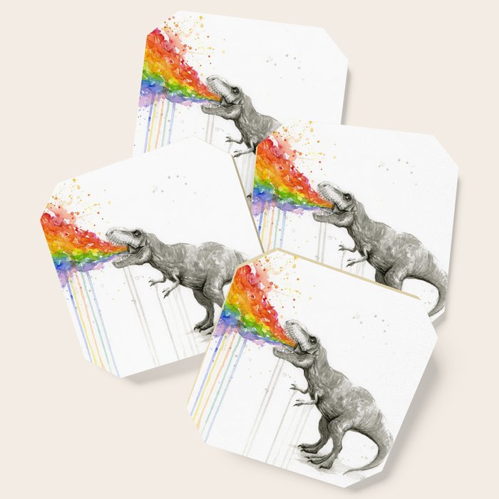 T-Rex Dinosaur Rainbow Puke Taste The Rainbow Watercolor Coaster