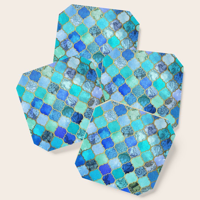 Cobalt Blue, Aqua & Gold Decorative Moroccan Tile Pattern Coaster