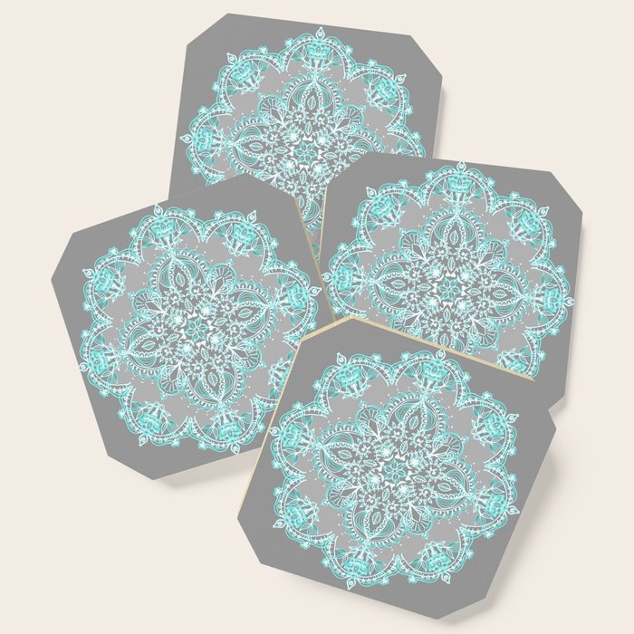 Teal And Aqua Lace Mandala On Grey Coaster
