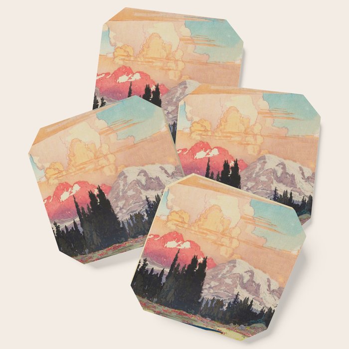 Storms Over Keiisino - Winter Mountain & Forest Ukiyoe Nature Landscape In Pink, Blue, And Green Coaster