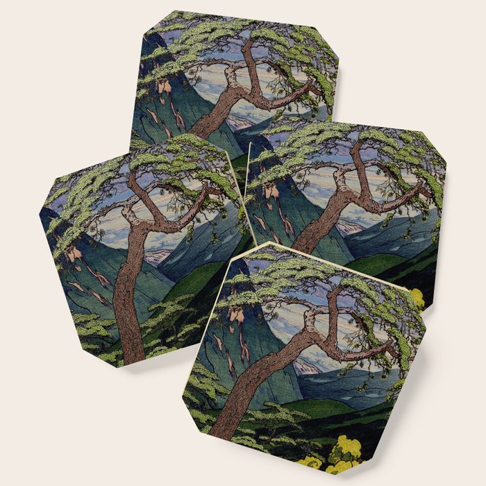 The Downwards Climbing - Summer Tree & Mountain Ukiyoe Nature Landscape In Green Coaster