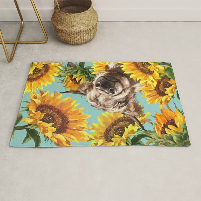 Highland Cow With Sunflowers In Blue Rug