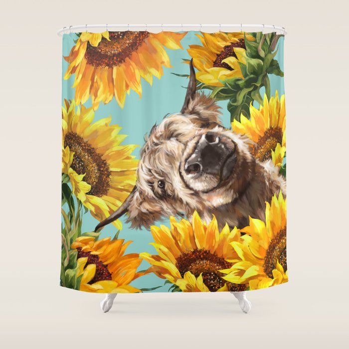 Highland Cow With Sunflowers In Blue Shower Curtain