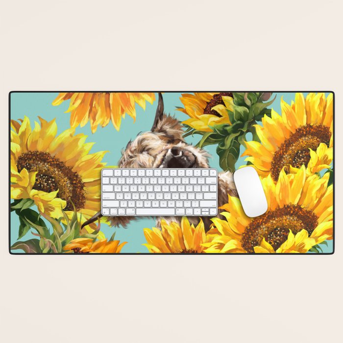 Highland Cow With Sunflowers In Blue Desk Mat
