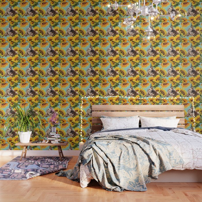 Highland Cow With Sunflowers In Blue Wallpaper