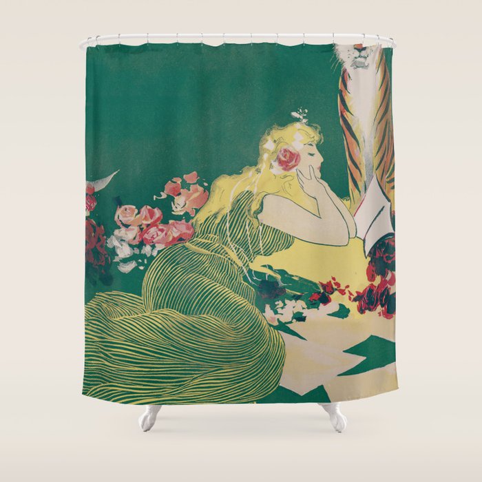Fantasy Art Deco Woman With Pet Tiger Self Culture (Edited) - The Werner Company - 1890-1900 Shower Curtain