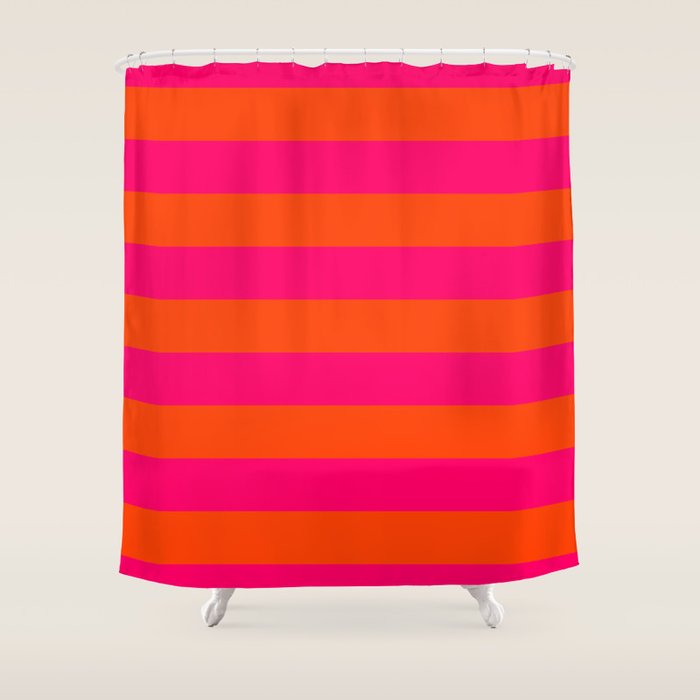 Bright Neon Pink And Orange Horizontal Cabana Tent Stripes Shower Curtain