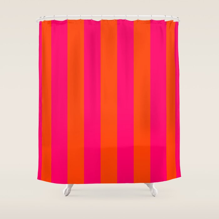 Bright Neon Pink And Orange Vertical Cabana Tent Stripes Shower Curtain
