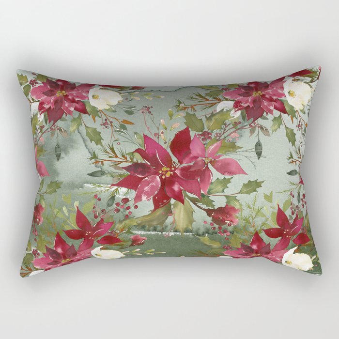 Watercolor Botanical Green Burgundy Ivory Christmas Floral Rectangular Pillow