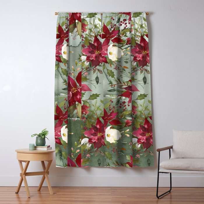 Watercolor Botanical Green Burgundy Ivory Christmas Floral Window Curtain