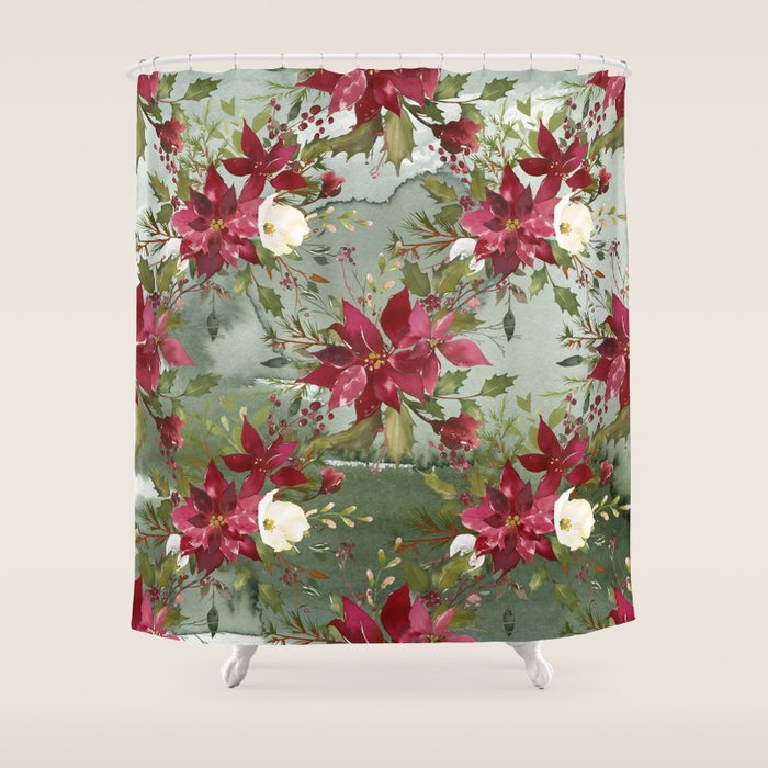 Watercolor Botanical Green Burgundy Ivory Christmas Floral Shower Curtain