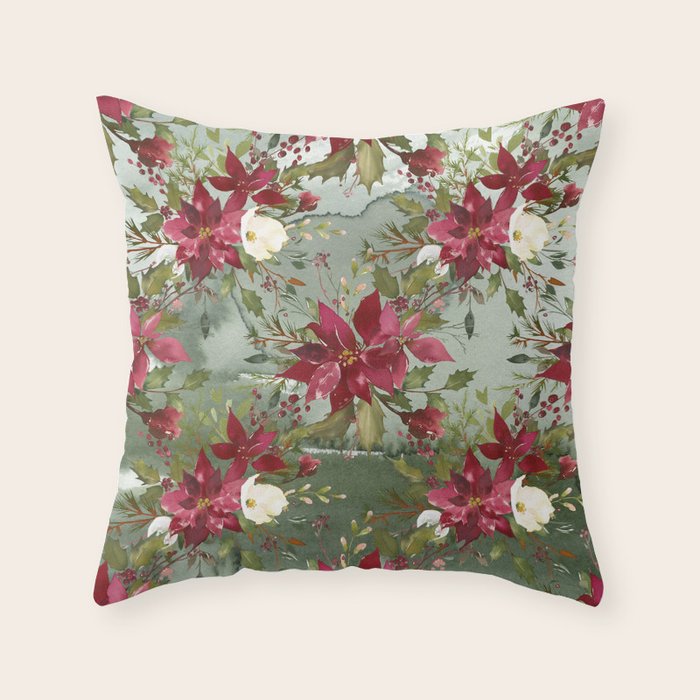Watercolor Botanical Green Burgundy Ivory Christmas Floral Throw Pillow