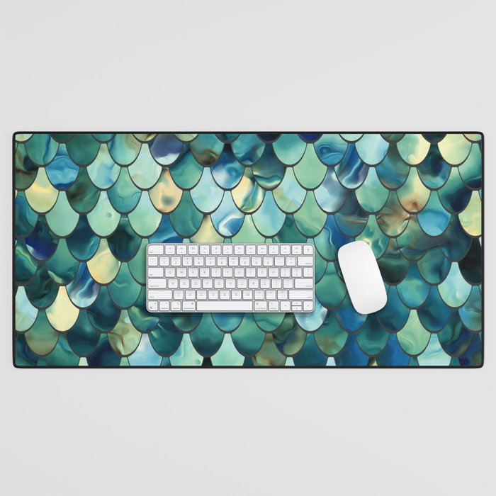 Mermaid Art, Sea Green, Ocean Blue Desk Mat