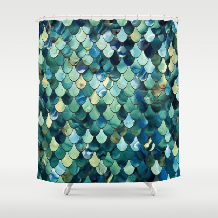 Mermaid Art, Sea Green, Ocean Blue Shower Curtain