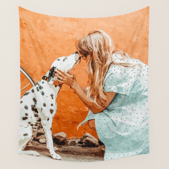 Pet Bound | Dalmatian Dog Lover Friendship Companion | Modern Bohemian Woman Puppy Animals Love Wall Tapestry