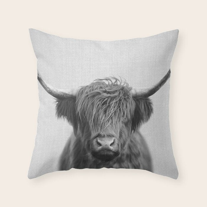 Highland Cow - Black & White Throw Pillow