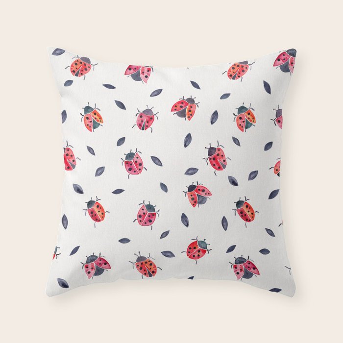Lucky Ladybugs & Black Leaves Throw Pillow