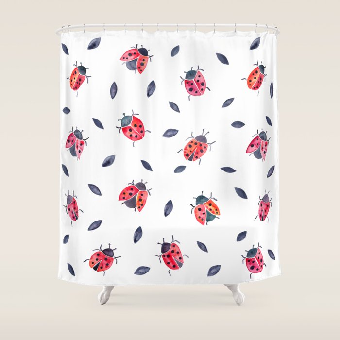 Lucky Ladybugs & Black Leaves Shower Curtain