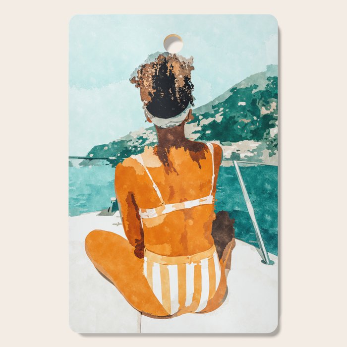Solo Traveler, Watercolor Black Woman Painting, Travel Tropical Summer Illustration Cutting Board