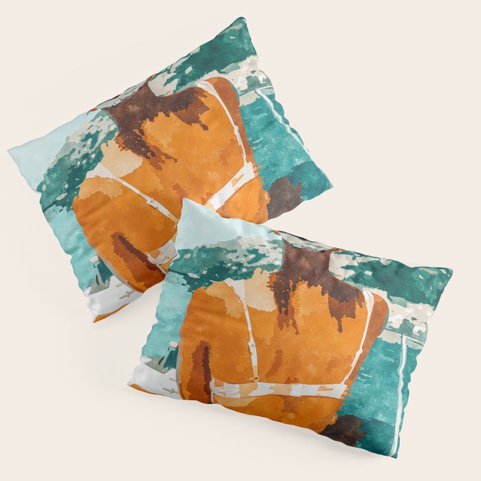 Solo Traveler, Watercolor Black Woman Painting, Travel Tropical Summer Illustration Pillow Sham
