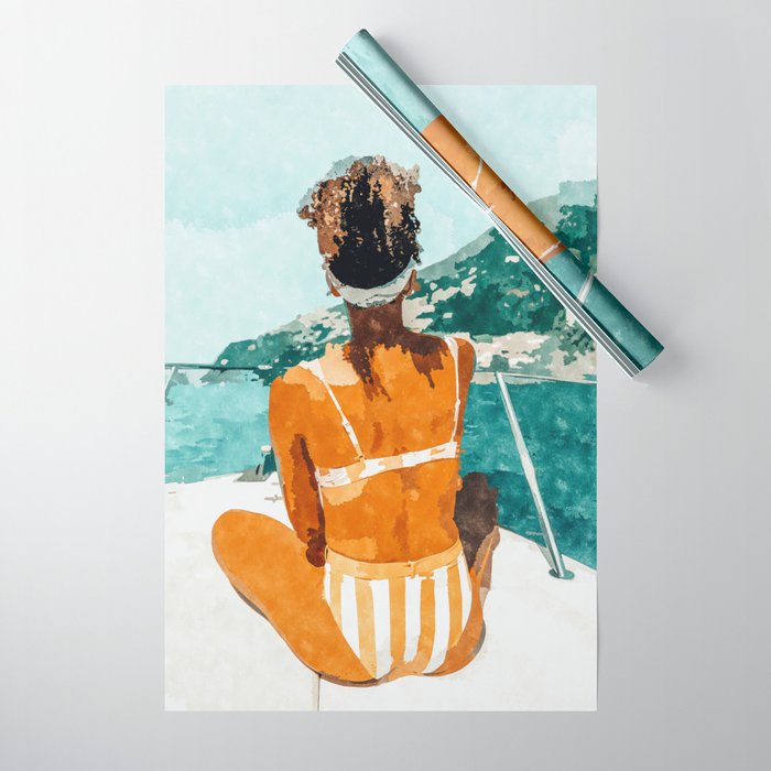 Solo Traveler, Watercolor Black Woman Painting, Travel Tropical Summer Illustration Wrapping Paper