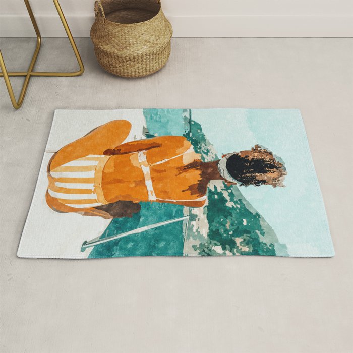 Solo Traveler, Watercolor Black Woman Painting, Travel Tropical Summer Illustration Rug