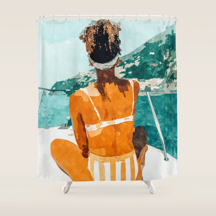 Solo Traveler, Watercolor Black Woman Painting, Travel Tropical Summer Illustration Shower Curtain