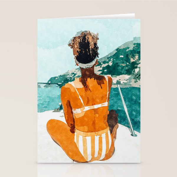 Solo Traveler, Watercolor Black Woman Painting, Travel Tropical Summer Illustration Stationery Card