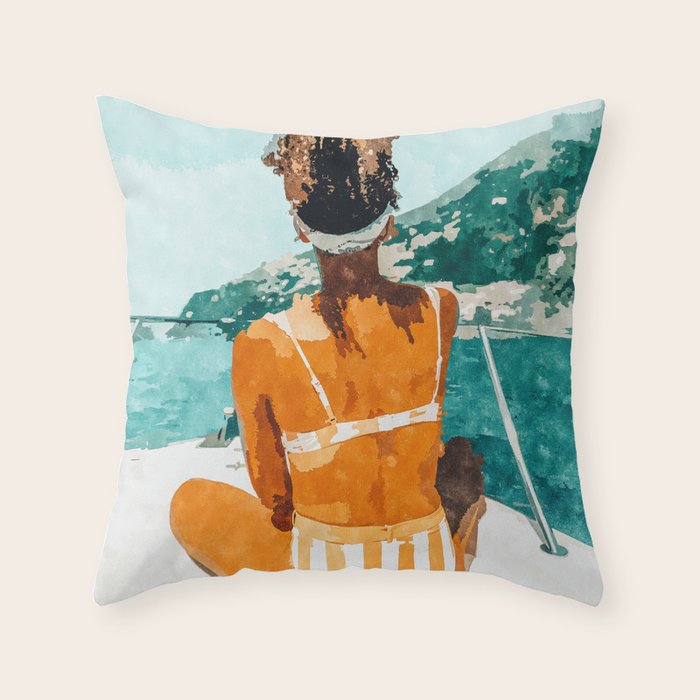 Solo Traveler, Watercolor Black Woman Painting, Travel Tropical Summer Illustration Throw Pillow