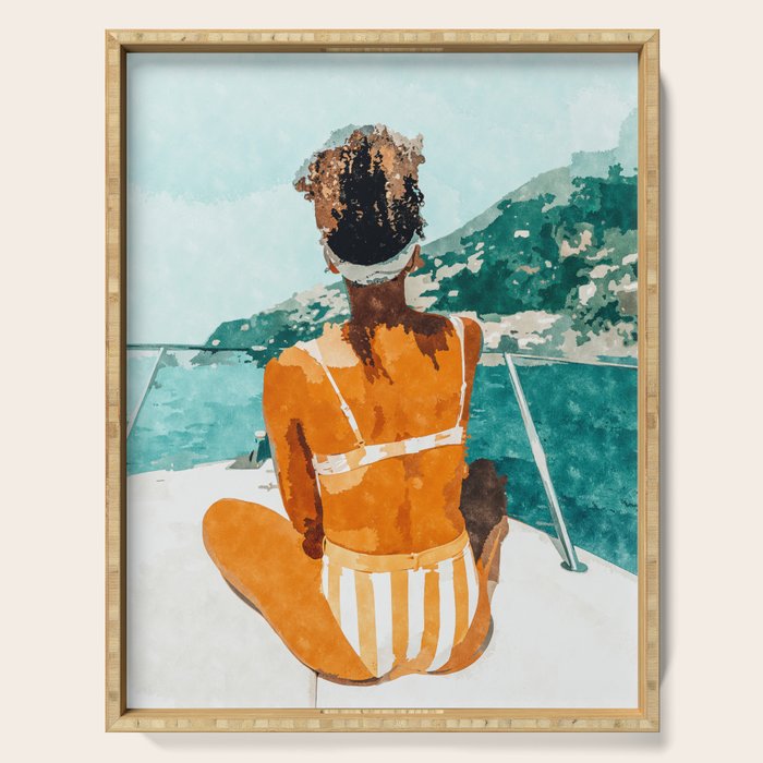 Solo Traveler, Watercolor Black Woman Painting, Travel Tropical Summer Illustration Serving Tray
