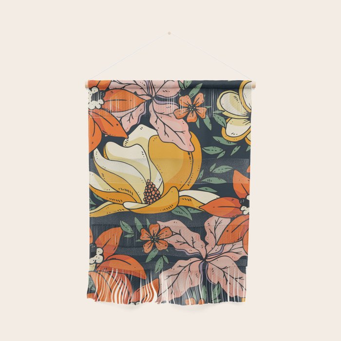 Night Forest, Colorful Dark Eclectic Floral Nature Botanical Jungle Floral Bohemian Illustration Wall Hanging