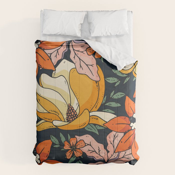 Night Forest, Colorful Dark Eclectic Floral Nature Botanical Jungle Floral Bohemian Illustration Comforter