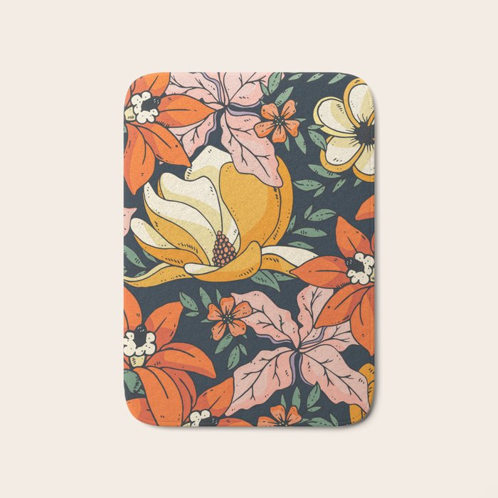 Night Forest, Colorful Dark Eclectic Floral Nature Botanical Jungle Floral Bohemian Illustration Bath Mat