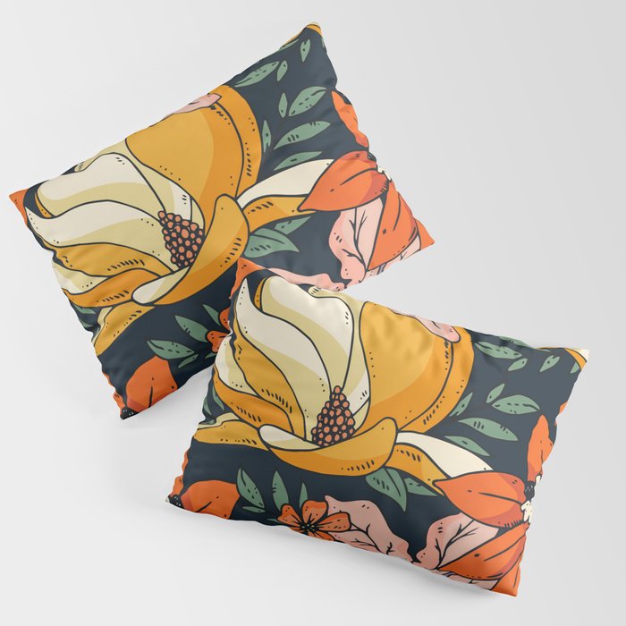 Night Forest, Colorful Dark Eclectic Floral Nature Botanical Jungle Floral Bohemian Illustration Pillow Sham