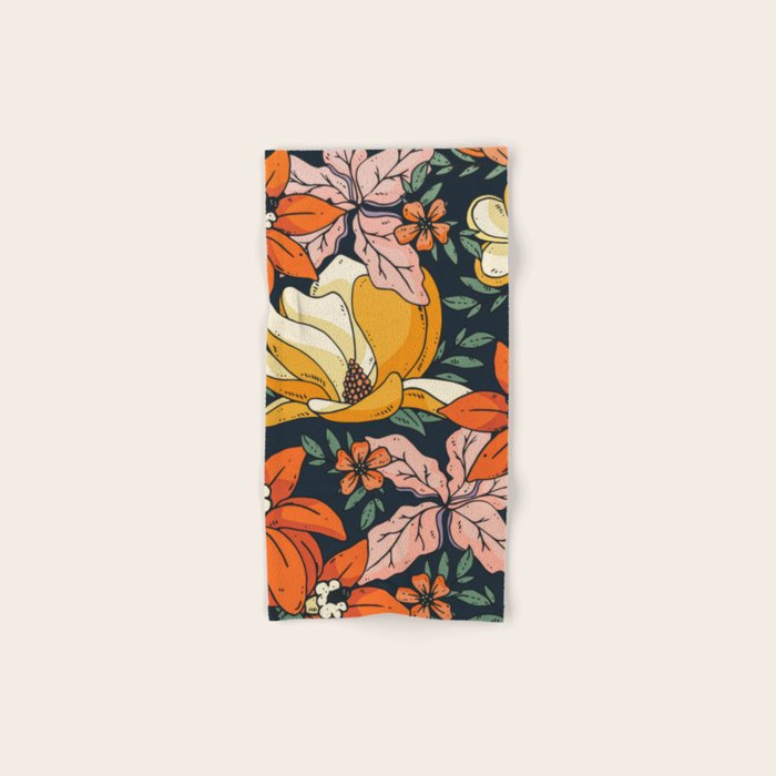 Night Forest, Colorful Dark Eclectic Floral Nature Botanical Jungle Floral Bohemian Illustration Bath Towel