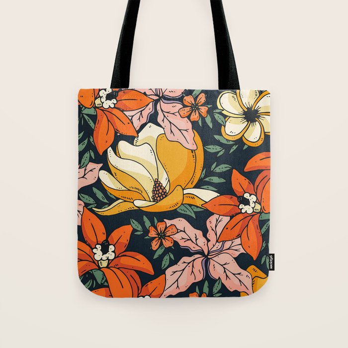 Night Forest, Colorful Dark Eclectic Floral Nature Botanical Jungle Floral Bohemian Illustration Tote Bag