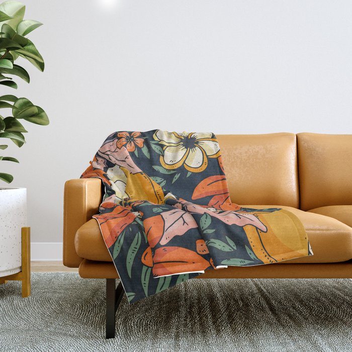 Night Forest, Colorful Dark Eclectic Floral Nature Botanical Jungle Floral Bohemian Illustration Throw Blanket