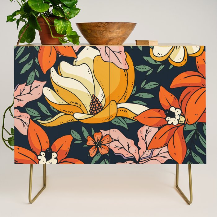 Night Forest, Colorful Dark Eclectic Floral Nature Botanical Jungle Floral Bohemian Illustration Credenza