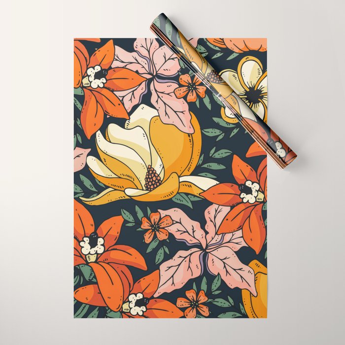 Night Forest, Colorful Dark Eclectic Floral Nature Botanical Jungle Floral Bohemian Illustration Wrapping Paper