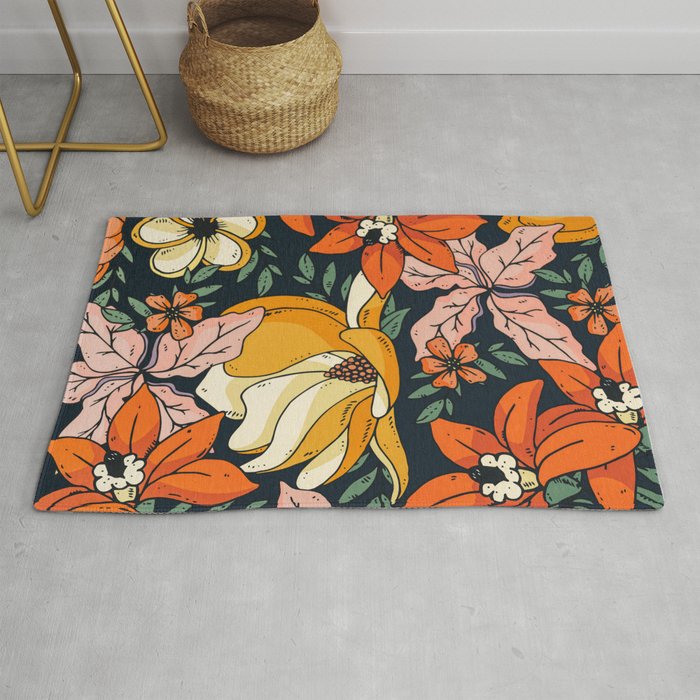 Night Forest, Colorful Dark Eclectic Floral Nature Botanical Jungle Floral Bohemian Illustration Rug
