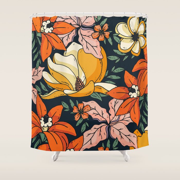 Night Forest, Colorful Dark Eclectic Floral Nature Botanical Jungle Floral Bohemian Illustration Shower Curtain