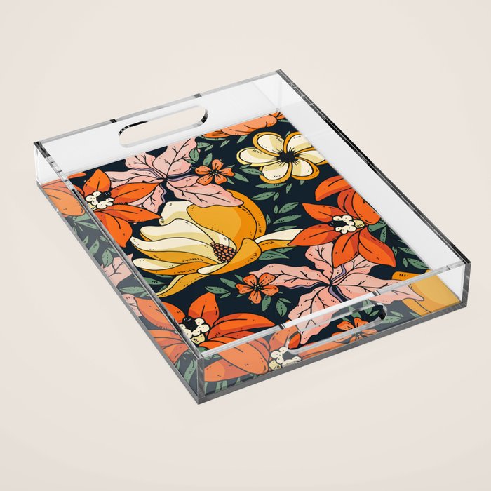 Night Forest, Colorful Dark Eclectic Floral Nature Botanical Jungle Floral Bohemian Illustration Acrylic Tray