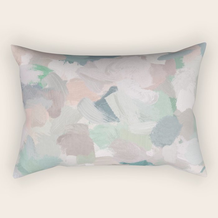 Fuzzy Flowers I - Mint Seafoam Green Dusty Rose Blush Pink Abstract Nature Spring Painting Print Rectangular Pillow