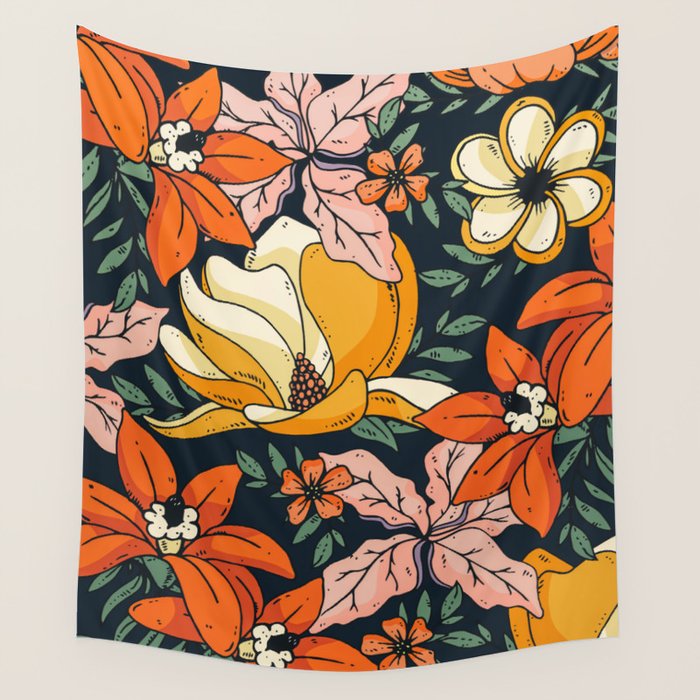 Night Forest, Colorful Dark Eclectic Floral Nature Botanical Jungle Floral Bohemian Illustration Wall Tapestry